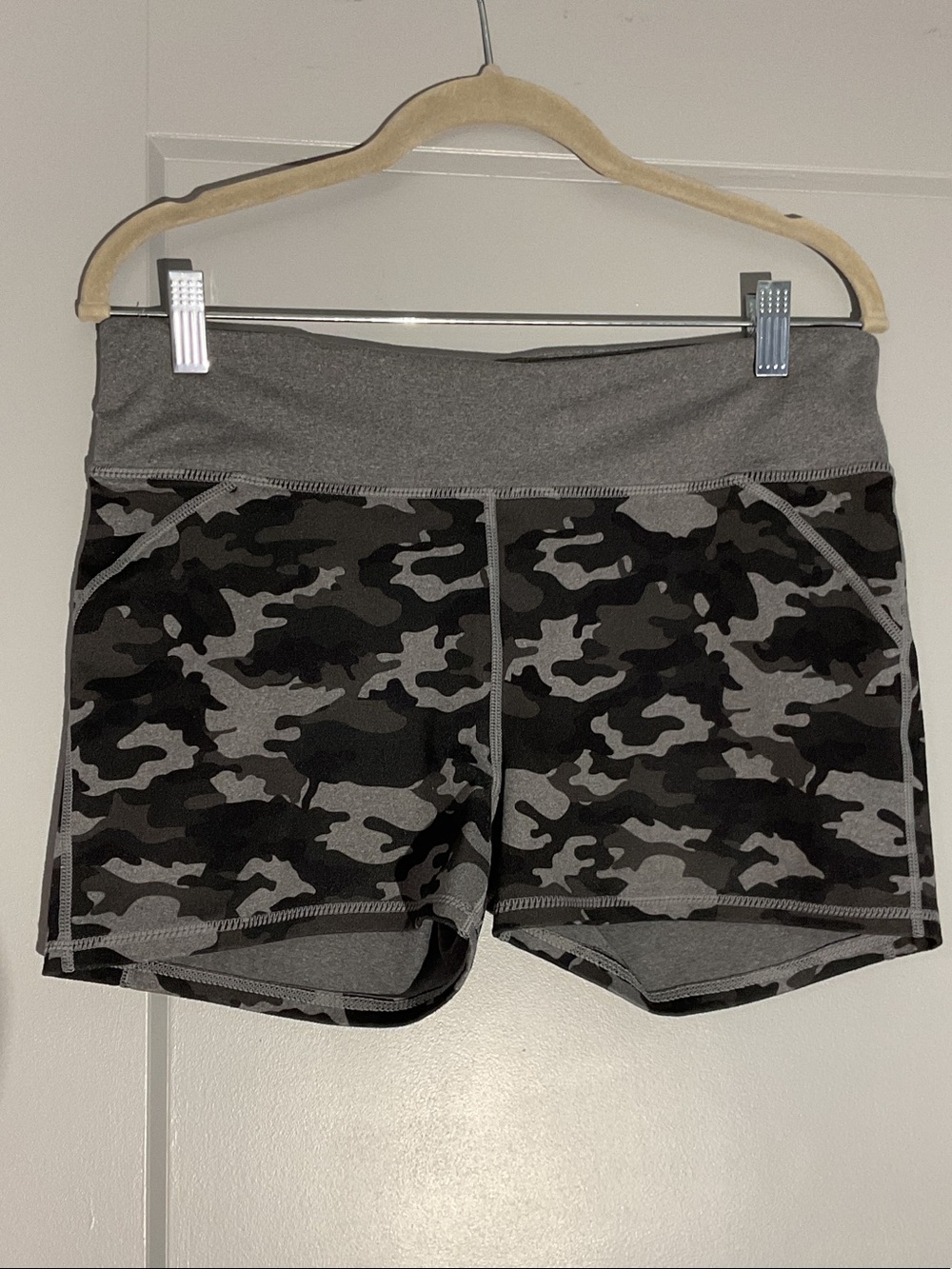 Fabletics Gray Camo High-Waist Athletic Shorts